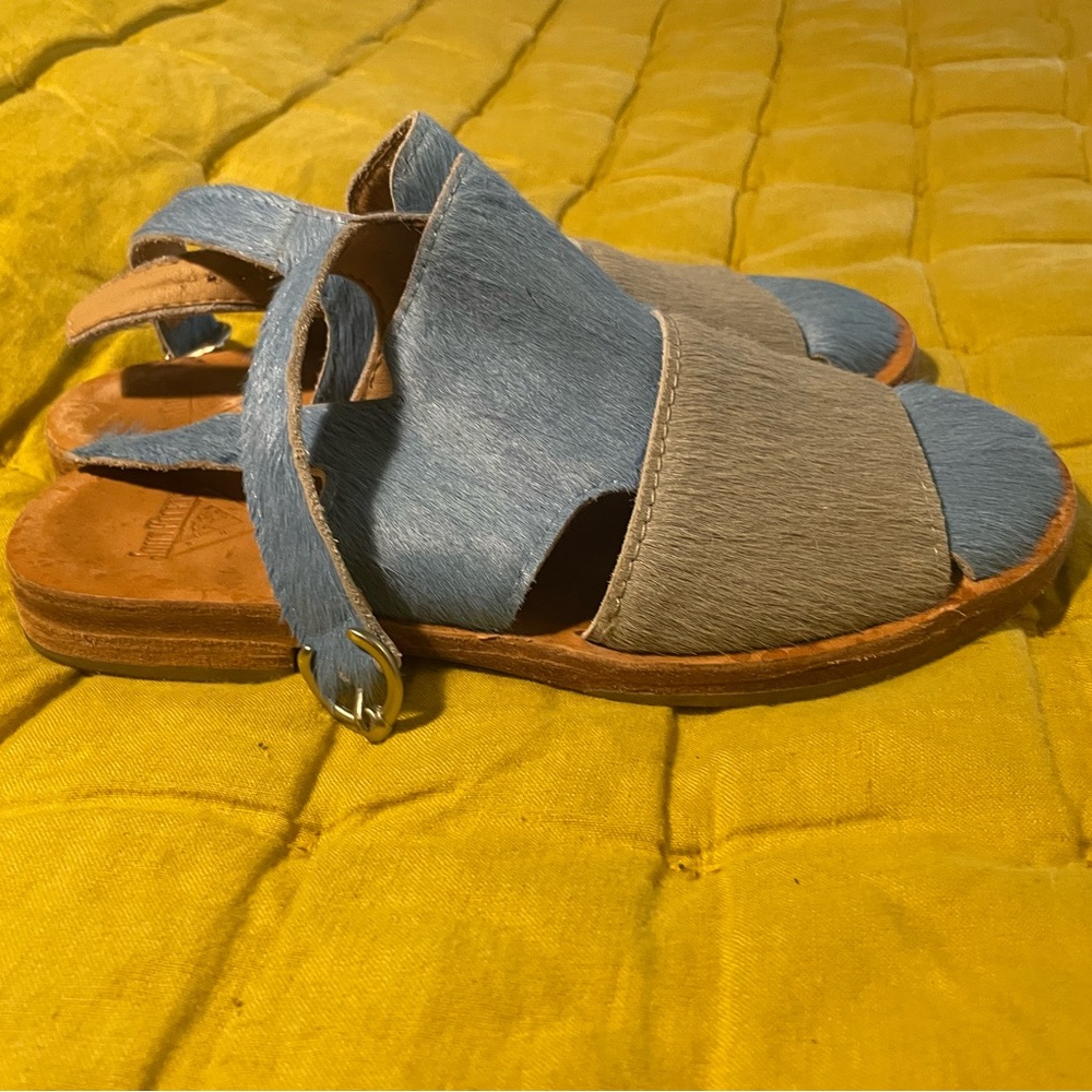 John Fluevog Two-Tone Light Blue and Gray Ponyhair Sandals
